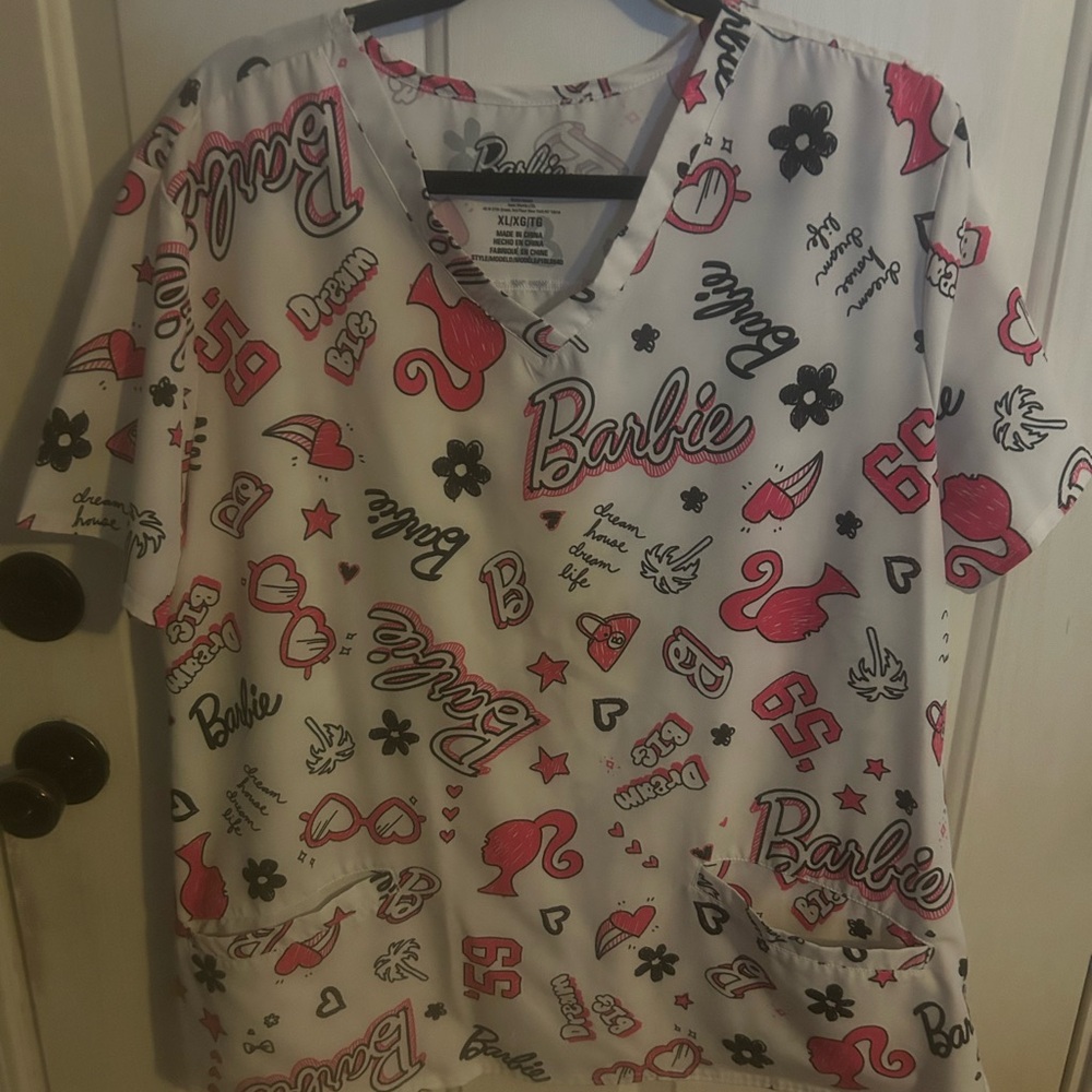 UA Scrubs Barbie Graphic V-Neck Pajama Top — White, Pink, Black